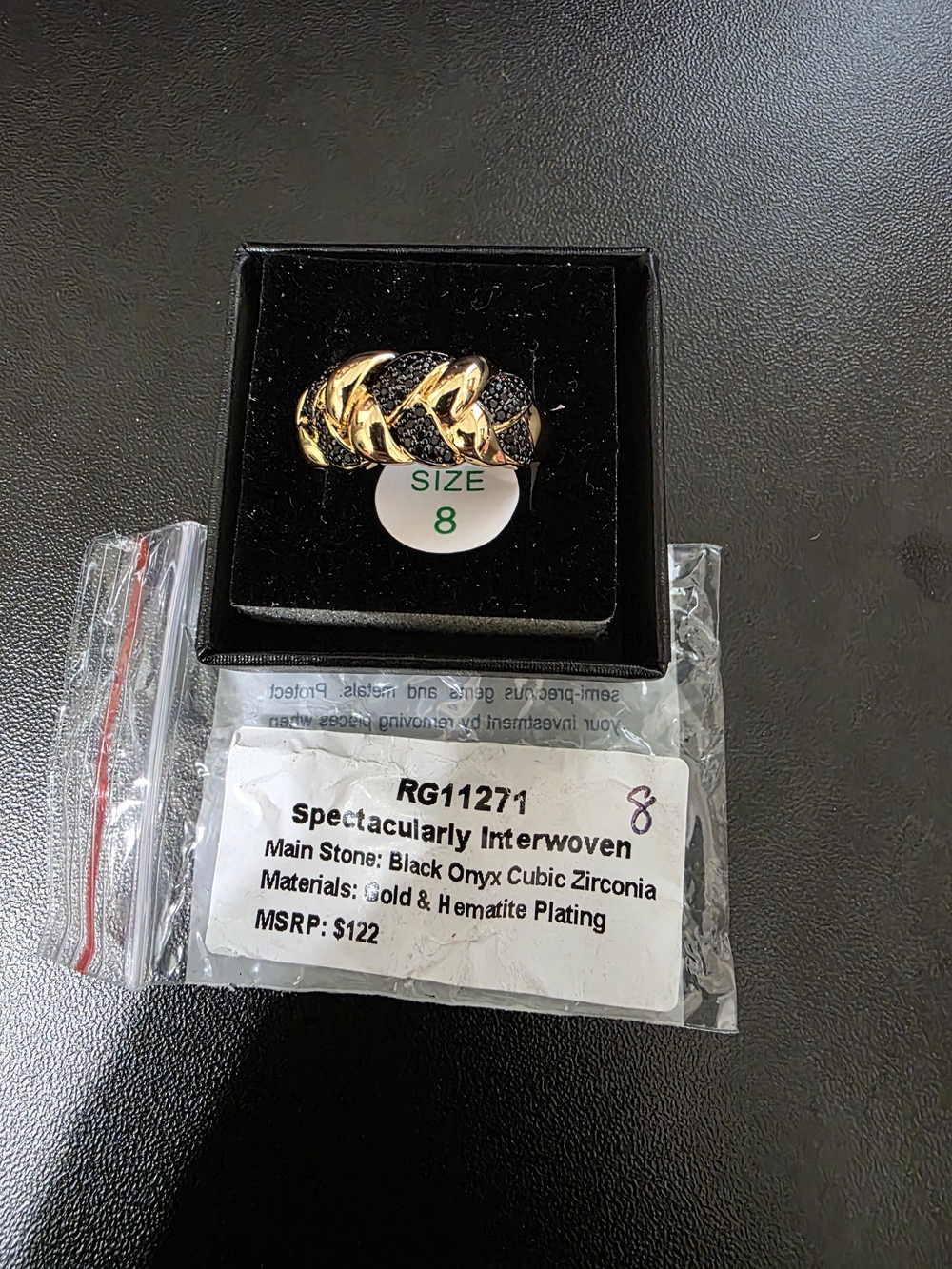Gold Plated Black Onyx CZ Interwoven OG Ring - Size 8